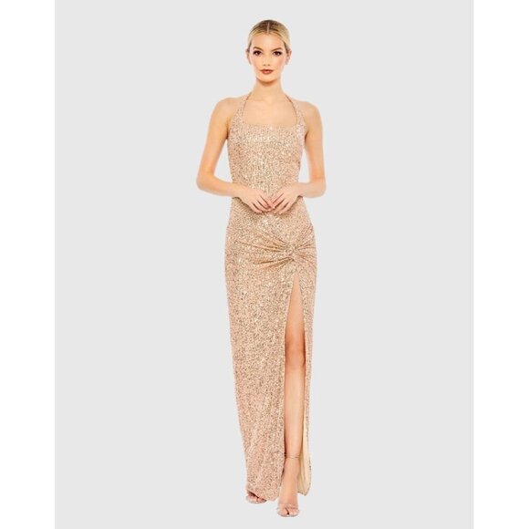 Mac Duggal Size 6 Gold 11279 Sequin Halter Formal Gown Dress Prom Cocktail $398 - Picture 1 of 11